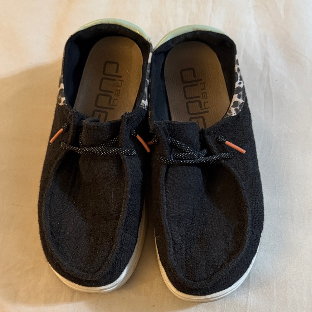 Hey Dude Wendy Rise Funk Black Loafers with Leopard Trim